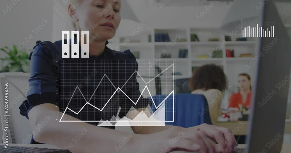 Poster animation of data processing with business icons over diverse colleagues working in office