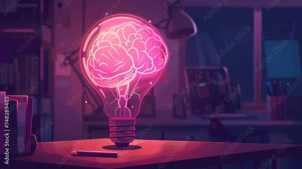 Poster glowing brain in lightbulb at a dark room - an imaginative concept of a glowing brain inside a light