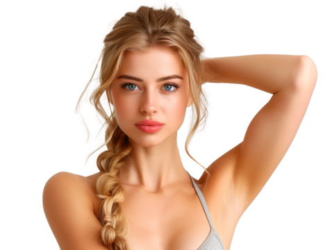 Imagem de estética e depilação: Linda jovem mostrando a pele lisa e perfeita em fundo transparente.