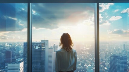 A reflective moment as a woman looks out over a bustling cityscape from the serenity of a high-rise building, evoking a sense of solitude and ambition - obrazy, fototapety, plakaty
