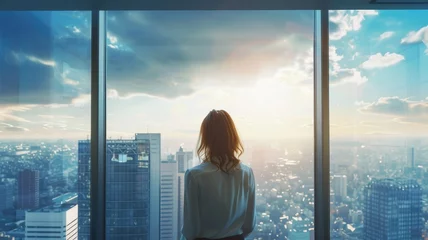 Foto op Plexiglas A reflective moment as a woman looks out over a bustling cityscape from the serenity of a high-rise building, evoking a sense of solitude and ambition © Tida