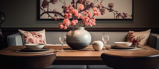 A wooden dining room table is adorned with a vase of fresh flowers, surrounded by bowls and plates. The table is set near a sofa and chairs in a cozy dining room setting.