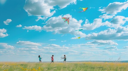 Obraz na płótnie Canvas A group of people are flying kites in a grassy field under the azure sky with fluffy cumulus clouds floating in the atmosphere. AIG41