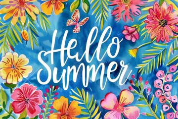 Fototapeta na wymiar Watercolor illustration of a frame of summer flowers, inside the text Hello Summer, summer background