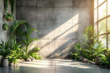 Blank concrete wall in modern empty room with tropical plant garden. Luxury house interior with green palm trees. Minimal architecture design
