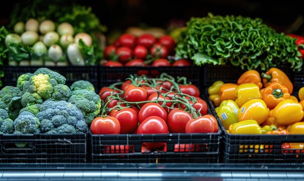 A supermarket in the vegetable section. Rows of neatly arranged fresh produce