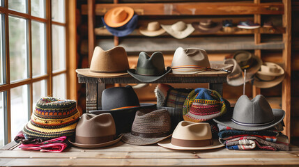 A collection of various hat styles, including fedoras, beanies, and sun hats, displayed on a wooden table. - Powered by Adobe