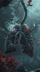Cigarette Lung Grim depiction of cigarettes damaging healthy lungs, discouraging smoking habits