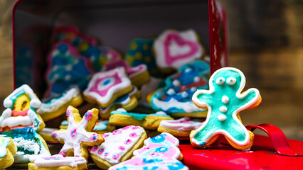 Tasty homemade Christmas cookies on wooden table