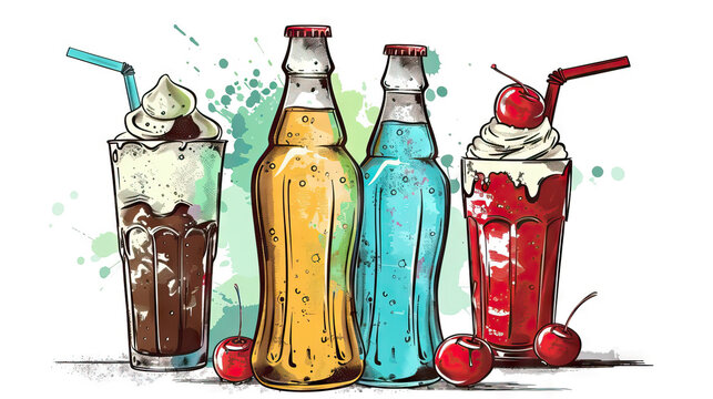 Old-Timey Soda Fountain Logo: An illustration of soda bottles, ice cream floats, and a soda jerk for a nostalgic soda fountain. Isolated Vintage Vector. White Background. Old School