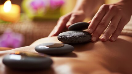 Hot stone massage therapy in a tranquil spa with candlelit setting, close up