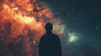 Obraz premium Silhouette of a man looking at the milky way galaxy.