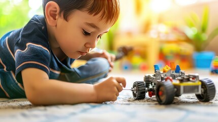 A child plays with a robot on the floor in an apartment.