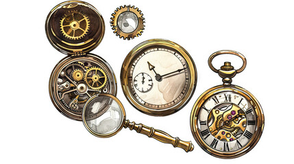 Antique Watchmaker Logo: An illustration of vintage pocket watches, gears, and a magnifying glass for a watchmaker or repair shop. Isolated Vintage Vector. White Background. Old School