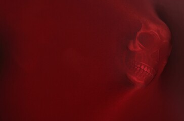Silhouette of creepy ghost with skull behind red cloth. Space for text