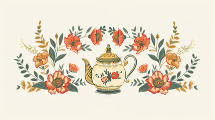 Victorian Tea Room Logo: A logo featuring a teapot, teacup, and delicate floral elements for a vintage tea room. Isolated Vintage Vector. White Background. Old School.