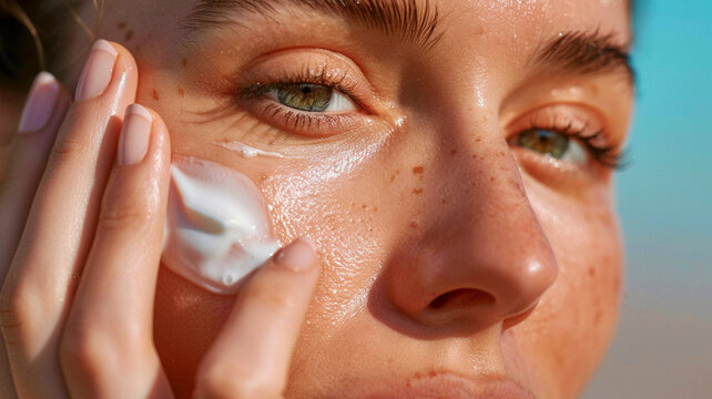 Outdoor portrait of beautiful woman with sunscreen cream with SPF on her cheek