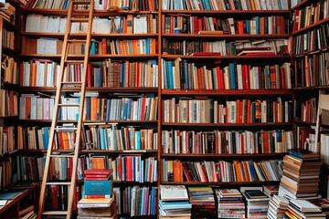 A big shelf with a lot of books. - obrazy, fototapety, plakaty