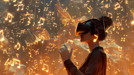 woman in VR headset, illuminated by glowing musical notes, for advertising VR music games, promoting educational tools for music theory, or enhancing the visual aesthetics of a digital music platform 