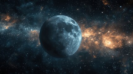 Moon in space with stars and nebula.