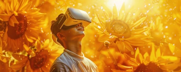 A man wearing a virtual reality headset stands at the heart of a sunflower, his awe and happiness shining bright against a golden background offering copy space, innovation, virtual tourism, or nature