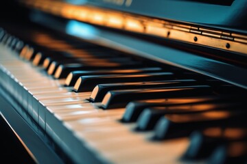 Close up of the keyboard of a piano.