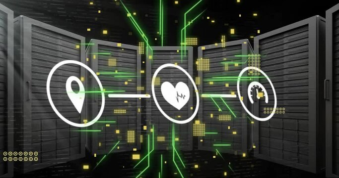 Animation of network of connections with icons and computer circuit board over servers