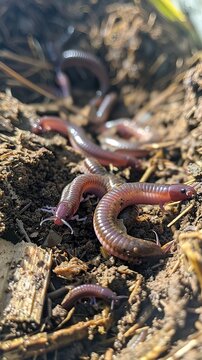 Composting Happy earthworms wriggling through nutrient-rich compost, aiding in the decomposition process and enriching soil