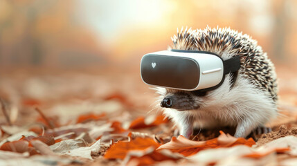 hedgehog dons VR headset amidst autumn leaves, potentially illustrating educational content about wildlife, a campaign for seasonal virtual experiences, or an offbeat depiction of technology in nature