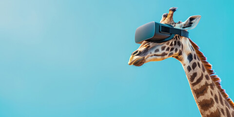 A giraffe with a virtual reality headset looking into the sky, perfect for surreal tech advertisements, educational content about wildlife, or creative visuals for innovative tech solutions