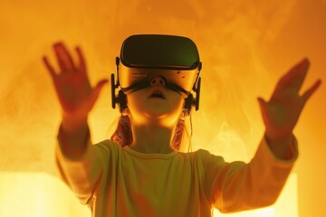 child immersed in virtual reality against an amber background, ideal for visualizing the future of gaming, the intensity of digital immersion, or the heat of innovation in child-focused technology