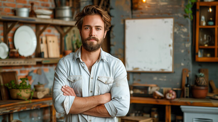 kitchen young man with Tattoo. There is an empty area for additional items or writing space.
