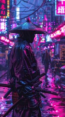 Neon Samurai District - A futuristic city district where neon-lit samurai patrol the streets, blending ancient tradition with cyberpunk aesthetics