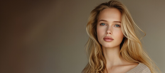 closeup of beauty natural scandinavian blonde woman with blue eyes natural skin for skincare hair salon commercial advertisement with studio light looking at camera in editorial magazine copy space