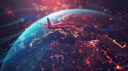 A holographic airplane hovering above a digital globe, representing global travel and exploration.