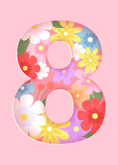 Eight number in paper cut style with flower background. Greeting card for International Women's Day. Vector illustration.