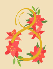 Gold eight number with red lilies. Greeting card for International Women's Day. Vector illustration.