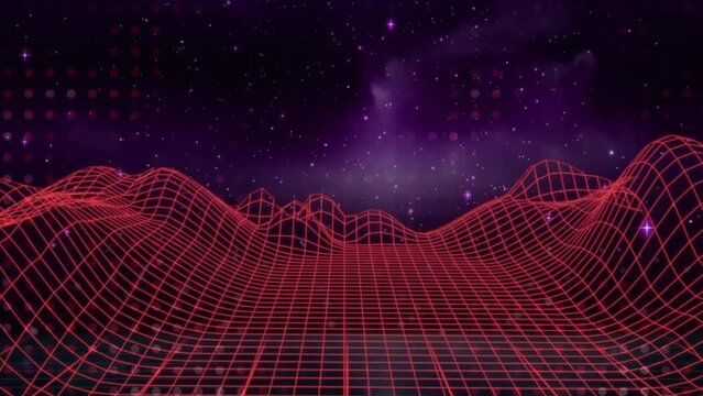 Animation of spots over digital mountains on black background