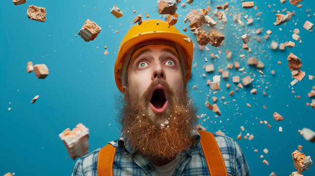 Shocked Construction Worker with Yellow Helmet, Bricks Exploding in Mid-Air