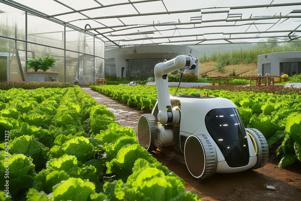 Aufkleber modern greenhouse with robots. background with selective focus and copy space
