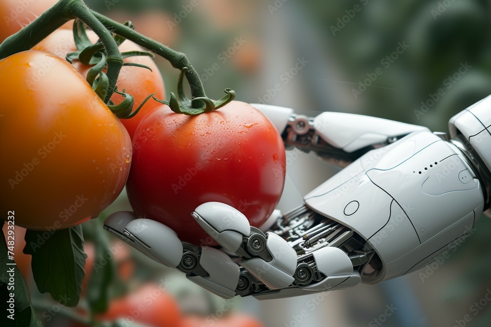 Poster a robot hand works on a modern farm. background with selective focus and copy space