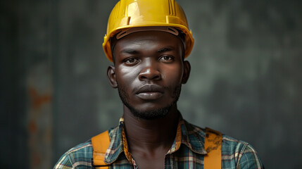 Focused Construction Worker, Confident African Male with Hard Hat - obrazy, fototapety, plakaty