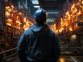 Fototapeta na wymiar Back view of a engineer or factory worker standing in front of a factory at night.