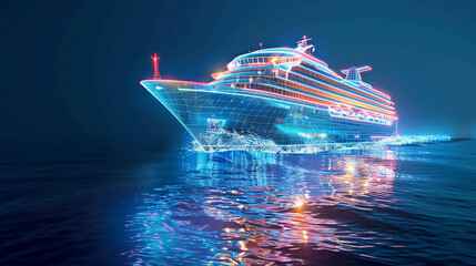 A holographic cruise ship icon sailing on a digital sea, symbolizing cruise vacations and leisure travel. - obrazy, fototapety, plakaty