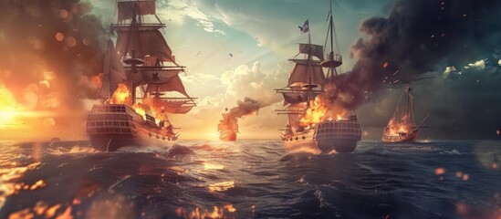 Pirate ship war at the open sea - obrazy, fototapety, plakaty