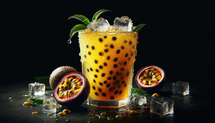 Passion fruit cocktail with ice cubes on a black background. World Juice Day. - Powered by Adobe