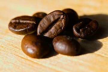 Coffee beans arranged on a piece of raw, freshly split wood.