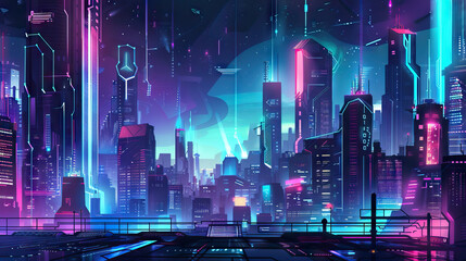 Cyberpunk Cityscape: Futuristic City Illustration with Neon Lights. Isolated Premium Vector. White Background - obrazy, fototapety, plakaty