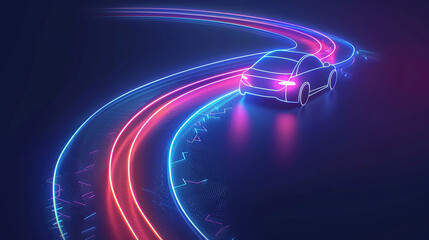 A holographic road trip icon with a winding road and car silhouette, symbolizing road trips and travel by car.