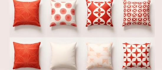 A collection of realistic throw pillows featuring various prints and patterns in shades of red, neatly arranged on a wall as part of an apartment interior design.